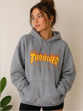 Thrasher Grey Hoodie with Yellow & Orange Flame Logo